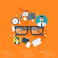 Flat background with papers and glasses icon.Temwork concept. Global communication and working expierence. Business