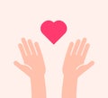 Flat background with two hands receiving or sending heart icon. Vector illustration for charity, help, supporting, work of volunte Royalty Free Stock Photo