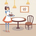 Flat bakery store interior with table, wooden chair and picture of pretzel on the wall. Smiling girl waitress holding Royalty Free Stock Photo