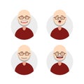 Flat bald old elder man male with grey beard and mustache expression avatar set