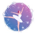 Flat ballerina in flower card illustration. Dance in purple circle clock template. Ballet art banner, logo, emblem