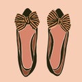 Flat Ballet Shoes With Striped Bows in a minimalist trendy style. Women`s shoes in a contemporary simple style. Vector Royalty Free Stock Photo