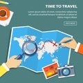 Flat banner of travel planning. Desktop with obiects and hands. Royalty Free Stock Photo