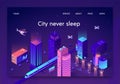 Flat banner is written city never sleep isometric.