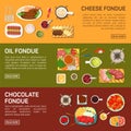 Flat banners cheese, oil, chocolate fondue Royalty Free Stock Photo