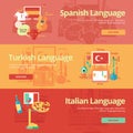 Flat banners collection for spanish, turkish, italian. Foreign languages education concepts for web banners and print materials.