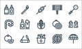 Flat barbecue line icons. linear set. quality vector line set such as parasol, bucket, tomato, , salami, onion, grill, match