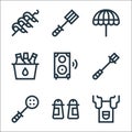 flat barbecue line icons. linear set. quality vector line set such as apron, condiment, spatula, basting brush, speaker, bucket, Royalty Free Stock Photo