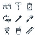 flat barbecue line icons. linear set. quality vector line set such as bacon, drink, spatula, match, tomato, beer can, corkscrew Royalty Free Stock Photo