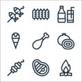 Flat Barbecue Line Icons. Linear Set. Quality Vector Line Set Such As Bonfire, Steak, Skewer, Onion, Chicken Leg, Ice Cream, Soda