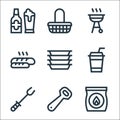 Flat barbecue line icons. linear set. quality vector line set such as coal, bottle opener, barbecue, drink, plastic, bread, basket