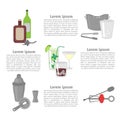 Flat Barman Mixing, Opening and Garnishing Tools. Bartender equipment Shaker, Opener, Ice Buckets, Bar spoon. Isolated