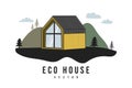 Flat barnhouse, modern, two-storey house in the background of nature. Background for web and print. Horizontal logo vector Royalty Free Stock Photo