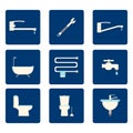 Flat Bathroom icons set on blue background. Vector illustration.