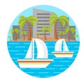 Flat beach landscape. Two sailing boats. Palm trees. City landscape. Vector illustration. Editable. Isolated. Round composition. E Royalty Free Stock Photo