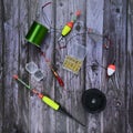 flat bed with fishing gear and hooks on wooden boards Royalty Free Stock Photo