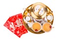 Flat bed view on Chinese tea set with envelope bearing the word double happiness Royalty Free Stock Photo