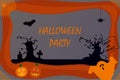 Flat. Billboard for Halloween. Pumpkins, ghost, trees, crosses, spider, bat, cobwebs on a colored background
