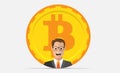 Flat bitcoin icon and businessman. Golden coin with man.