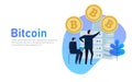 Flat bitcoin online mining concept web infographics vector illustration. Man on computer and bit coin mine service