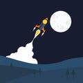 Flat Bitcoin rocket at night thrusting to moon through mountains Royalty Free Stock Photo