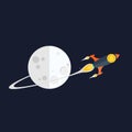 Flat bitcoin rocket thrusting over moon on blue background Royalty Free Stock Photo