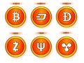 Flat bitcoins on grey background.