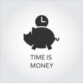 Flat black icon time is money. Piggy bank and clock