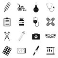 Flat black icons set of medical tools and healthcare equipment Royalty Free Stock Photo