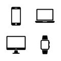 Flat Black Silhouettes of Personal Electronic Gadgets on White Background. Royalty Free Stock Photo
