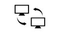 Flat black vector icon of two desktop monitors connected by curved arrows, symbolizing data transfer and screen sharing in a Royalty Free Stock Photo