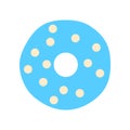 Flat blue donut decorated with circle sprinkles.