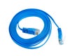 Flat blue ethernet copper, RJ45 patchcord isolated on white