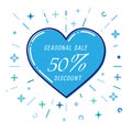 Flat blue heart, winter seasonal sale 50%, discount, vector