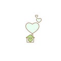 Flat blue home with heart. Simple silhouette of house with green roof and big hearts under chimney. Icon Royalty Free Stock Photo