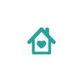 Flat blue home with white heart. Simple silhouette of the house with big roof and chimney. Icon isolated Royalty Free Stock Photo