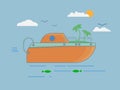 Orange boat in flat style on sea