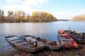 Flat boats on the backwater in autumn,Hungary