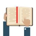 Flat book icon and hands. Library books, open dictionary page and encyclopedia on stand. Pile of paper magazines, ebook globe and Royalty Free Stock Photo