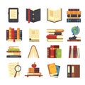 Flat book icons. Library books, open dictionary and encyclopedia on stand. Pile of magazines, ebook and novel booklet Royalty Free Stock Photo