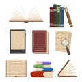 Flat book icons. Library books, open dictionary page and encyclopedia on stand. Pile of paper, ebook and novel booklet, publishing