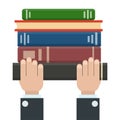 Flat book stack icon and hands. Library books, open dictionary page and encyclopedia on stand. Pile of paper magazines, ebook