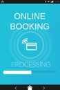 Flat booking screen is animating credit card icon sending signal on blue gradient with progress bar Royalty Free Stock Photo