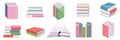 Flat books banner icons. Magazines with bookmark, history and open or closed textbook science pile of old book stack on