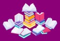 Flat books concept. Study reading and education illustration with stack of open close and flying books. Vector knowledge