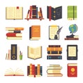 Flat books icons. Magazines with bookmark, history and open science book stack. Encyclopedia on library shelves vector Royalty Free Stock Photo