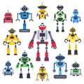 Flat bots and robots. Robotic bot mascot, humanoid robot and cute chatbot assistant vector flat characters set