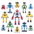 Flat bots and robots. Robotic bot mascot, humanoid robot and cute chatbot assistant vector flat characters set