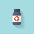 Flat bottle with medical pills icon. Tablets symbol. Health care.