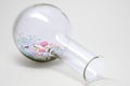 Flat-bottomed round flask with high narrow neck, of borosilicate glass filled with handful of colorful pills